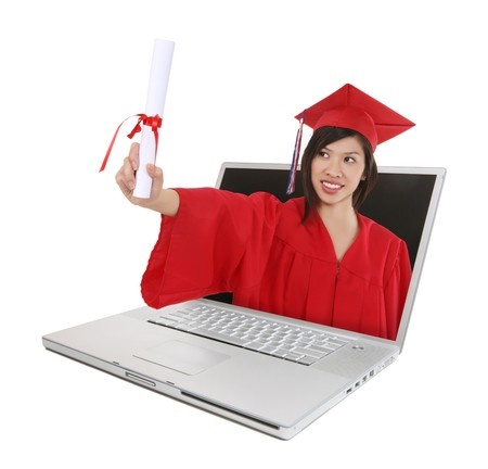 red girl handing out an IT diploma out of a computer